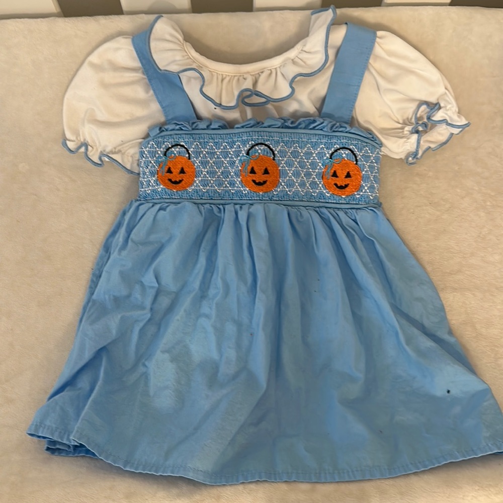 Infant girls 3xs Marie Nicole blue smocked Halloween pumpkin shirt and dress